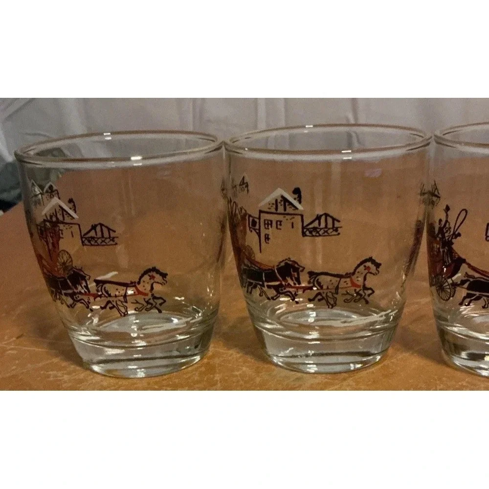 Vintage‎ 1950s Libbey Stagecoach & Horses Low Ball Glasses, Set Of 4, Gold Rim